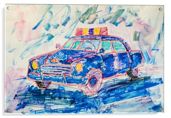 A childs crayon painting of a police car. Acrylic by Michael Piepgras