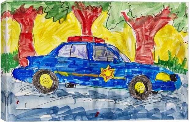 A childs crayon painting of a police car. Canvas Print by Michael Piepgras