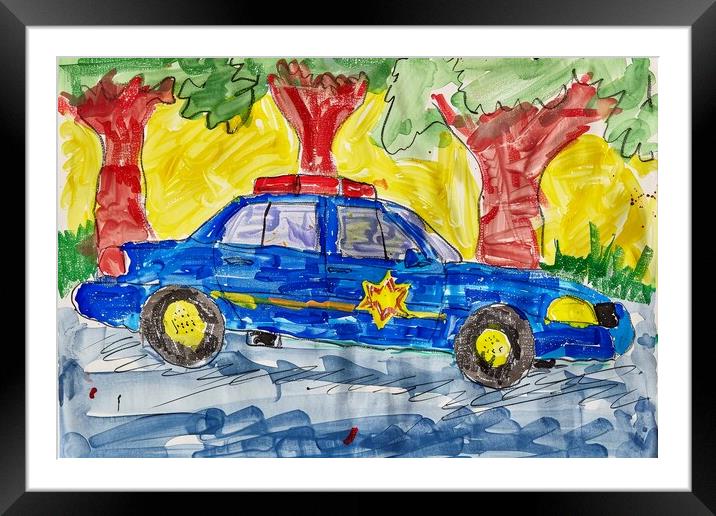 A childs crayon painting of a police car. Framed Mounted Print by Michael Piepgras