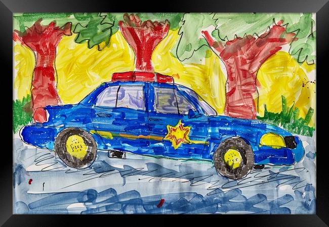 A childs crayon painting of a police car. Framed Print by Michael Piepgras