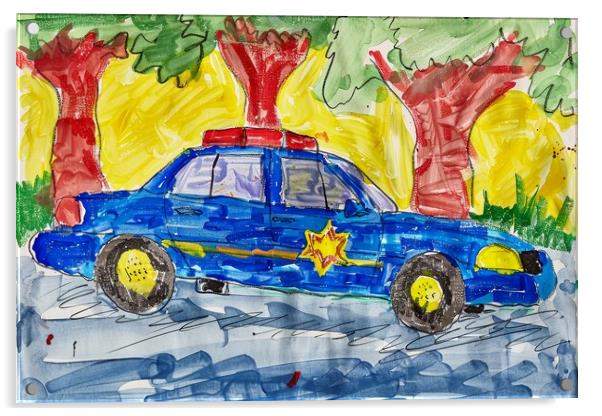 A childs crayon painting of a police car. Acrylic by Michael Piepgras