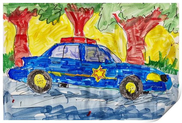 A childs crayon painting of a police car. Print by Michael Piepgras