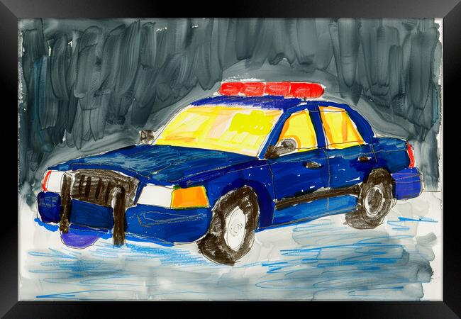 A childs crayon painting of a police car. Framed Print by Michael Piepgras
