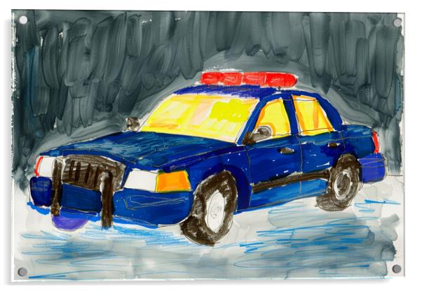 A childs crayon painting of a police car. Acrylic by Michael Piepgras