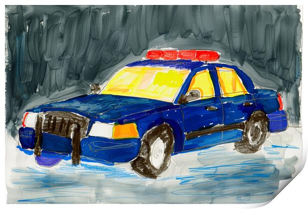 A childs crayon painting of a police car. Print by Michael Piepgras
