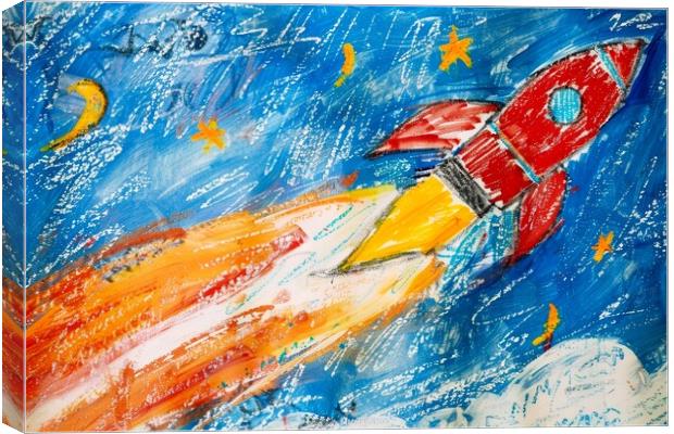 A childs crayon painting of a powerful rocket launching into the Canvas Print by Michael Piepgras