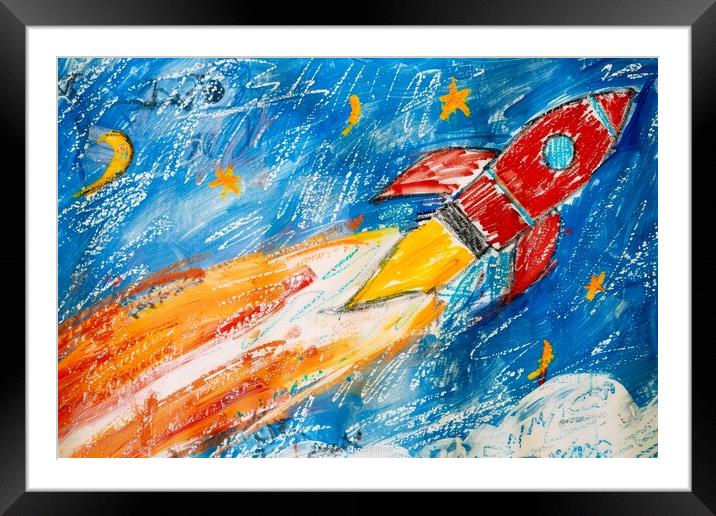 A childs crayon painting of a powerful rocket launching into the Framed Mounted Print by Michael Piepgras