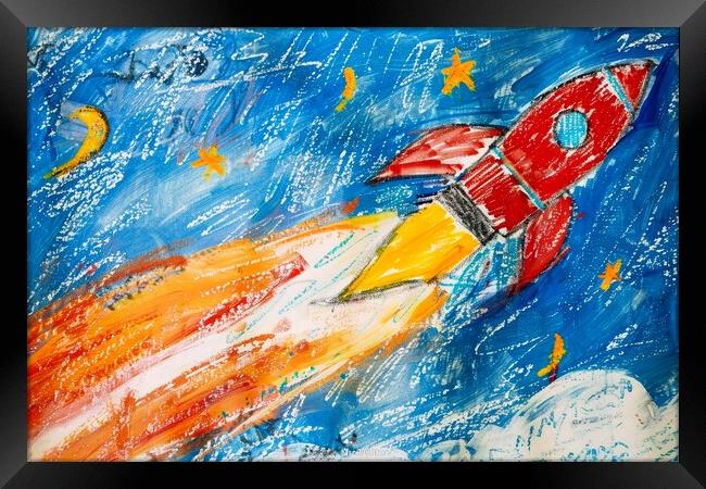 A childs crayon painting of a powerful rocket launching into the Framed Print by Michael Piepgras