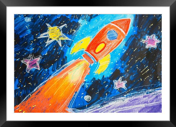 A childs crayon painting of a powerful rocket launching into the Framed Mounted Print by Michael Piepgras