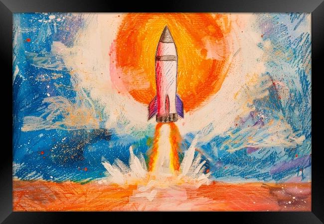 A childs crayon painting of a powerful rocket launching into the Framed Print by Michael Piepgras