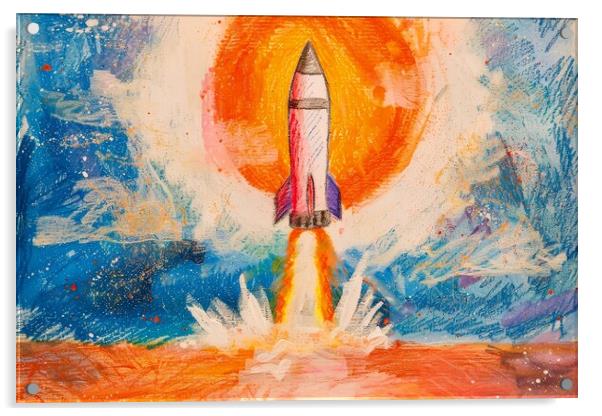A childs crayon painting of a powerful rocket launching into the Acrylic by Michael Piepgras