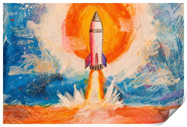 A childs crayon painting of a powerful rocket launching into the Print by Michael Piepgras