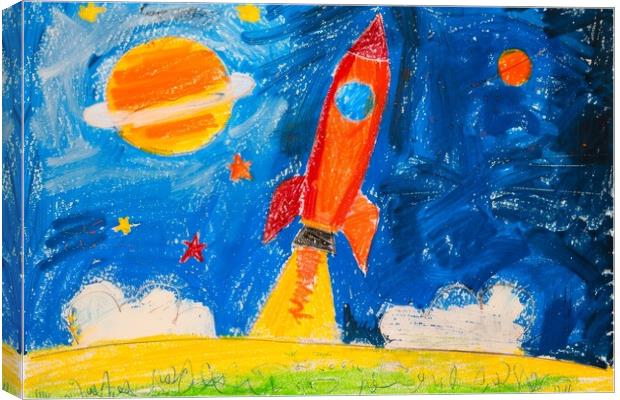 A childs crayon painting of a powerful rocket launching into the Canvas Print by Michael Piepgras