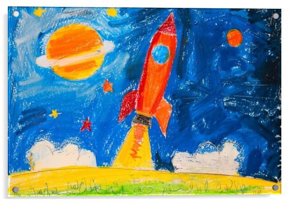 A childs crayon painting of a powerful rocket launching into the Acrylic by Michael Piepgras