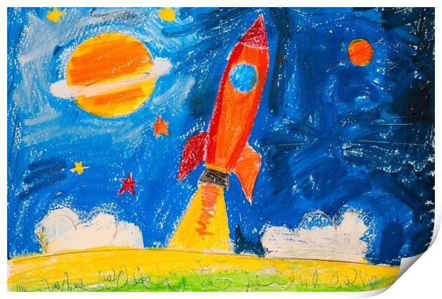 A childs crayon painting of a powerful rocket launching into the Print by Michael Piepgras