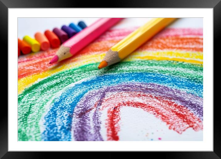 A childs crayon painting of a rainbow. Framed Mounted Print by Michael Piepgras