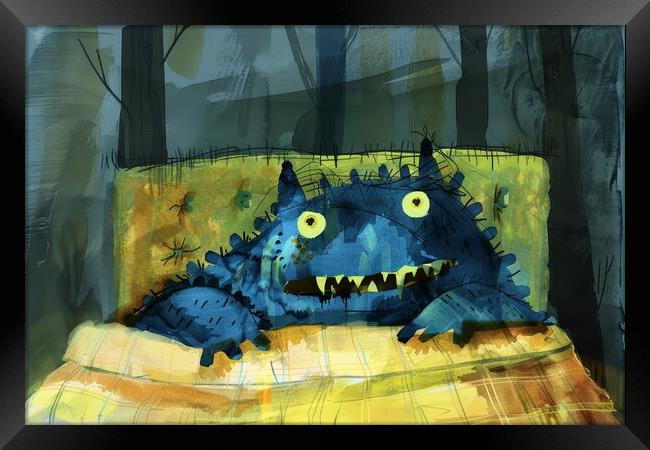A childs painting of a monster under the bed. Framed Print by Michael Piepgras