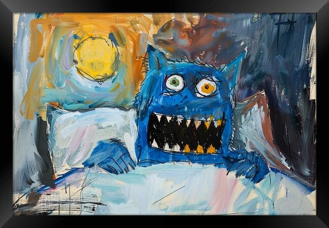 A childs painting of a monster under the bed. Framed Print by Michael Piepgras
