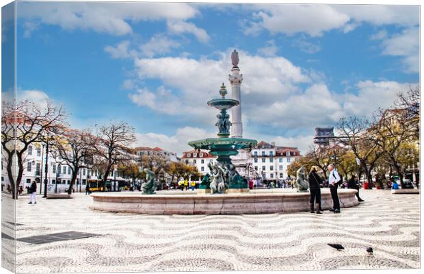 Centra of Lisbon Bronze Sculptures in a large foun Canvas Print by Holly Burgess
