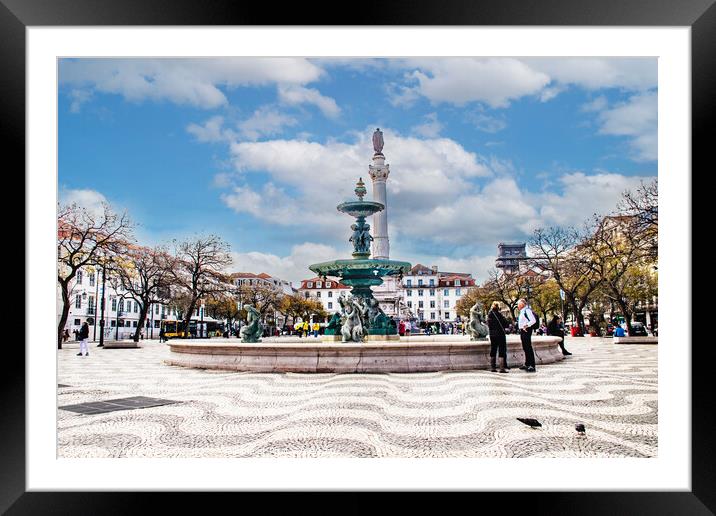 Centra of Lisbon Bronze Sculptures in a large fooution in the Square,  Framed Mounted Print by Holly Burgess