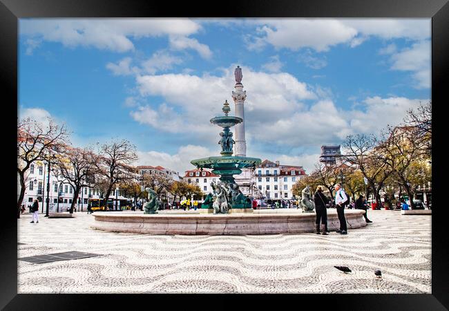 Centra of Lisbon Bronze Sculptures in a large fooution in the Square,  Framed Print by Holly Burgess