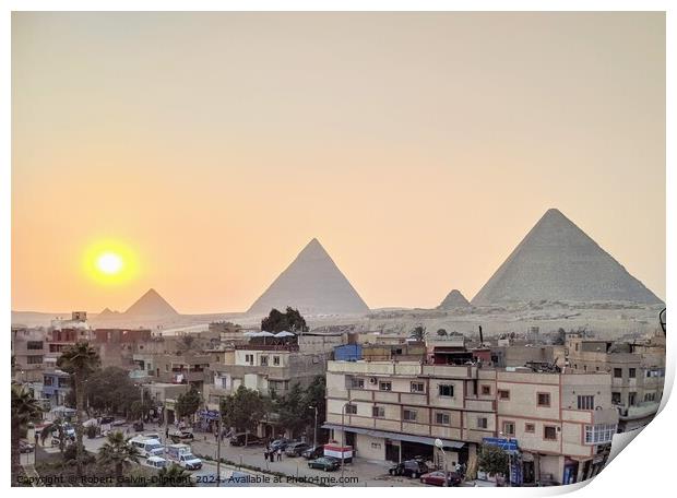 Setting sun at the pyramids of Giza Print by Robert Galvin-Oliphant