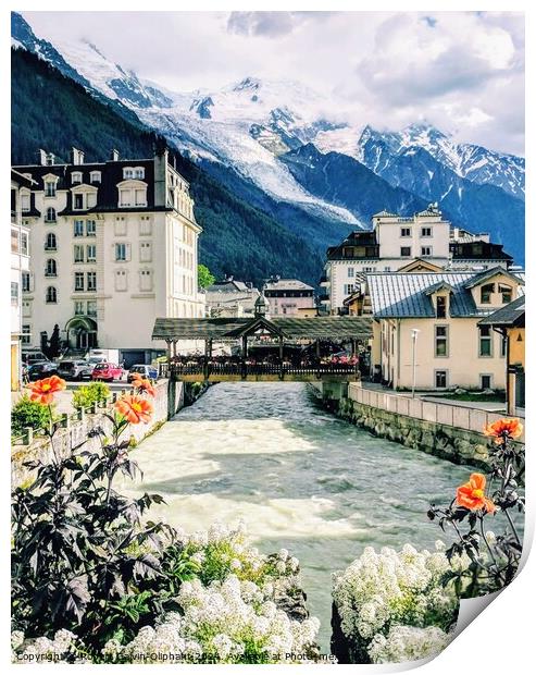 Flowers, Alps, and river  Print by Robert Galvin-Oliphant