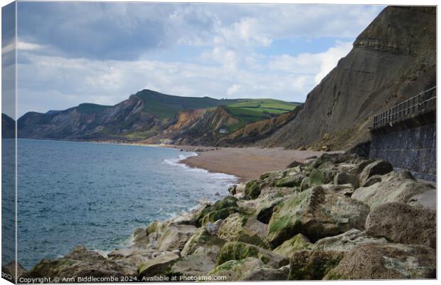 Looking towards Eype from Westbay Canvas Print by Ann Biddlecombe