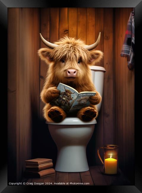 Highland Cow on the Toilet Framed Print by Craig Doogan