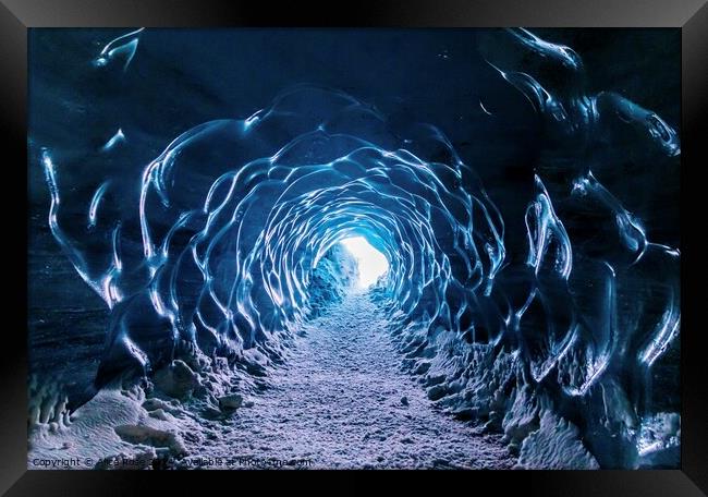 Glacial Ice Cave Tunnel in Iceland Framed Print by Alice Rose Lenton