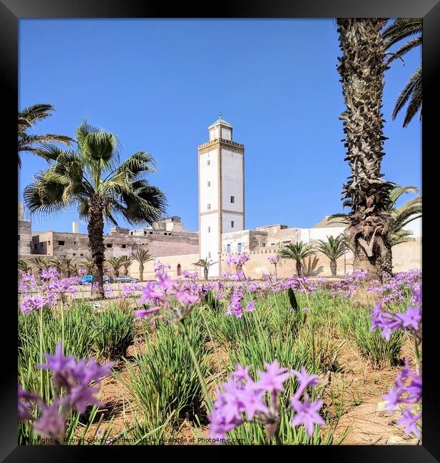 Pink flowers, palms, and mosque  Framed Print by Robert Galvin-Oliphant