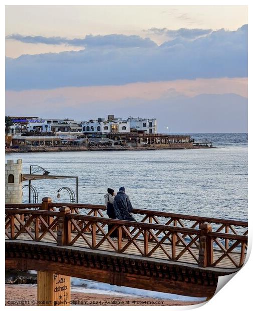 A couple on bridge looking out to sea Print by Robert Galvin-Oliphant