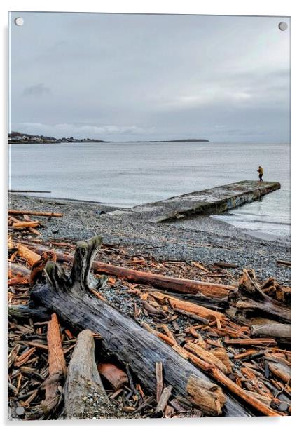 Fisherman on a pier at a log covered beach Acrylic by Robert Galvin-Oliphant