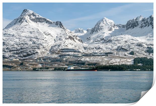 Large tanker, Alaskan Explorer,  docked at the Valdez Marine Terminal in Port Valdez with snow covered mountains behind, Valdez, Alaska, USA Print by Dave Collins
