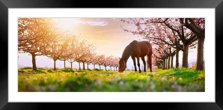 beautiful horse grazing on a green meadow surrounded by blooming peach trees Framed Mounted Print by Guido Parmiggiani