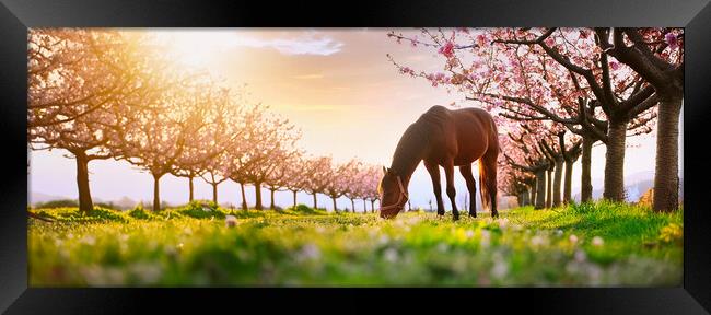 beautiful horse grazing on a green meadow surrounded by blooming peach trees Framed Print by Guido Parmiggiani