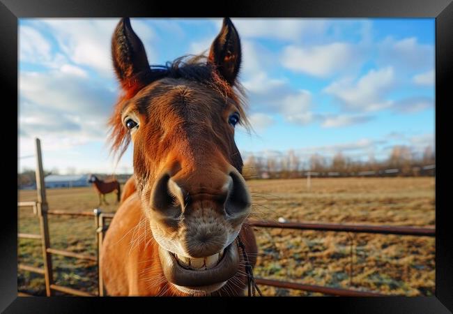 A close up of a horse smiling into the camera. Framed Print by Michael Piepgras