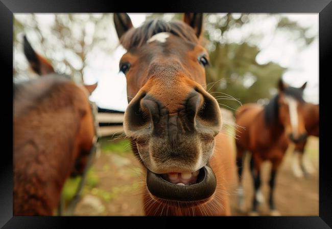 A close up of a horse smiling into the camera. Framed Print by Michael Piepgras