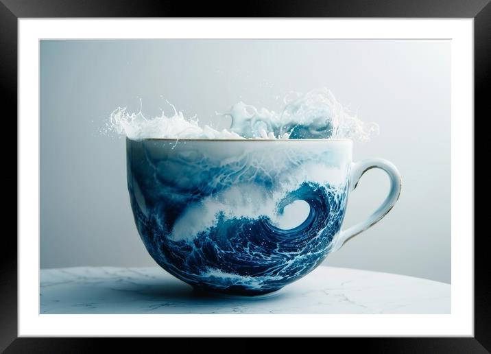 A cup with crushing ocean waves inside. Framed Mounted Print by Michael Piepgras
