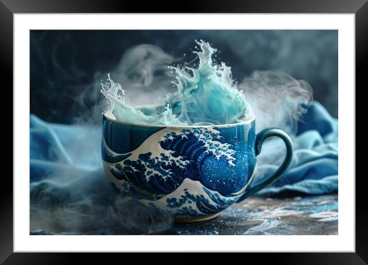 A cup with crushing ocean waves inside. Framed Mounted Print by Michael Piepgras