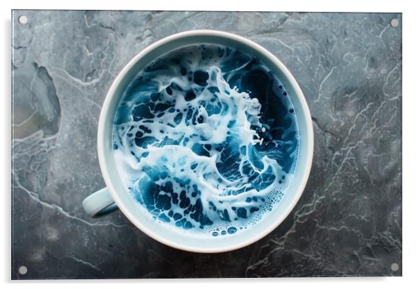 A cup with crushing ocean waves inside from above. Acrylic by Michael Piepgras