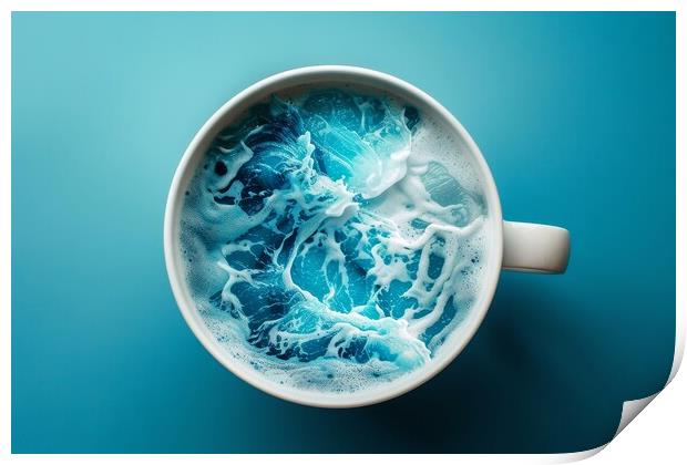 A cup with crushing ocean waves inside from above. Print by Michael Piepgras