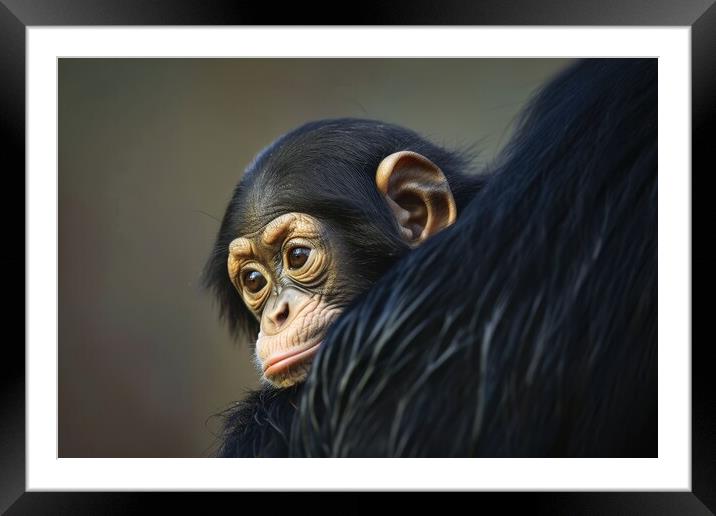 A cute baby chimpanzee in the arms of its mother. Framed Mounted Print by Michael Piepgras