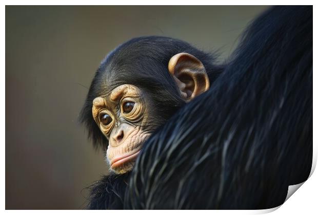 A cute baby chimpanzee in the arms of its mother. Print by Michael Piepgras
