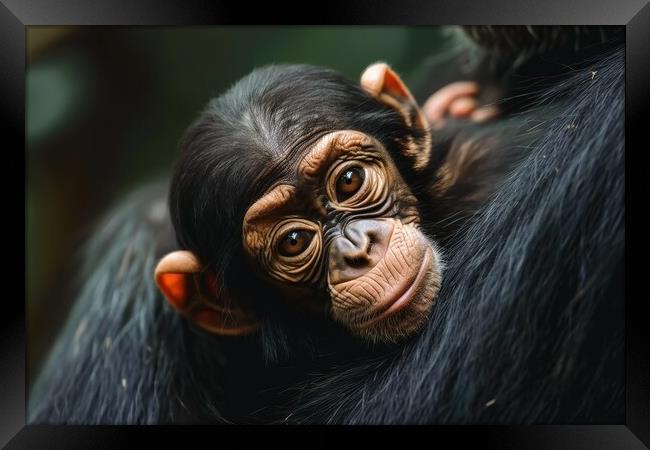 A cute baby chimpanzee in the arms of its mother. Framed Print by Michael Piepgras