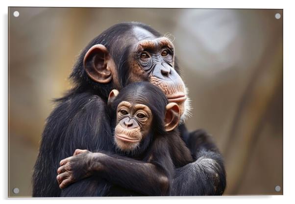 A cute baby chimpanzee in the arms of its mother. Acrylic by Michael Piepgras