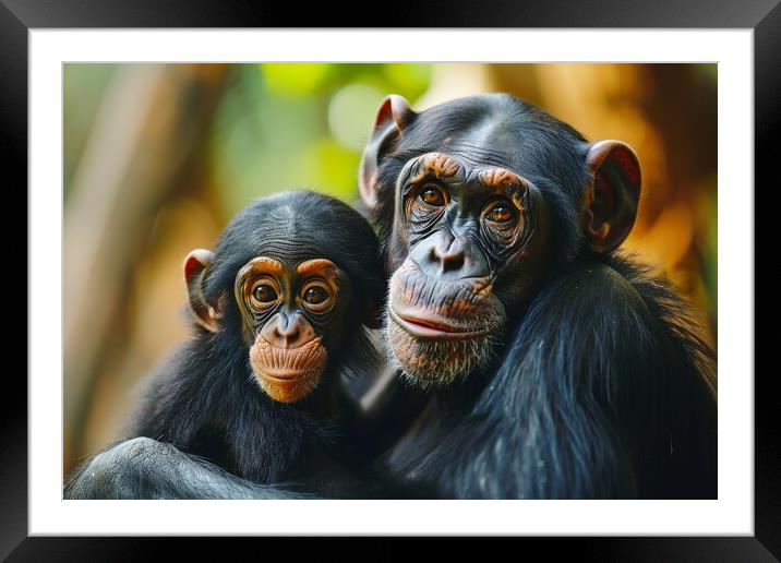 A cute baby chimpanzee in the arms of its mother. Framed Mounted Print by Michael Piepgras