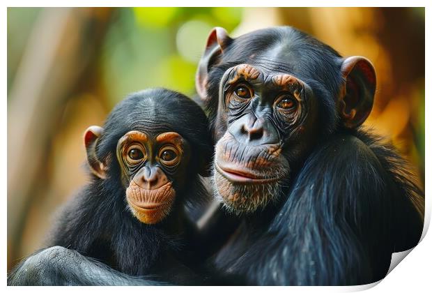 A cute baby chimpanzee in the arms of its mother. Print by Michael Piepgras