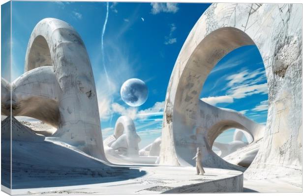 A dream world unfolds with impossible architecture and shifting  Canvas Print by Michael Piepgras
