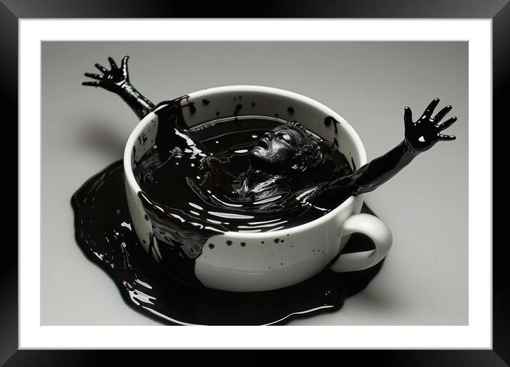 A human coming out of a cup of black coffee. Framed Mounted Print by Michael Piepgras